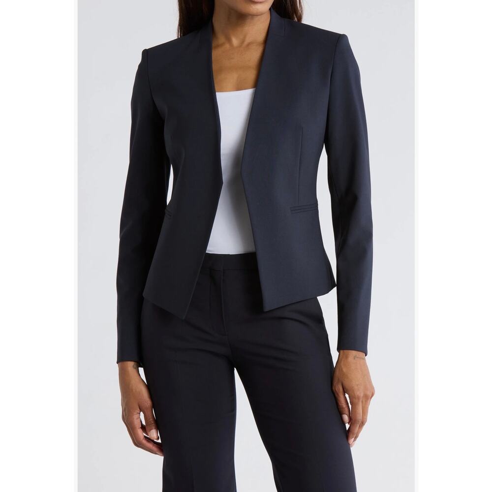 Theory Lanai Virgin Wool Blend Open Front Blazer Navy Women's Size 10